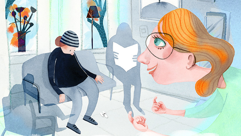 Illustration av en person i ett väntrum och en rekryterare