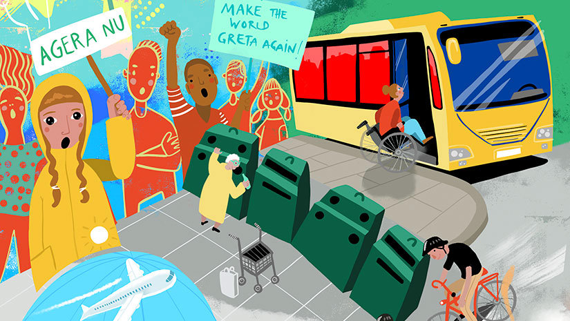 Illustration med tema miljö och hållbart, bland annat en återvinningsstation.