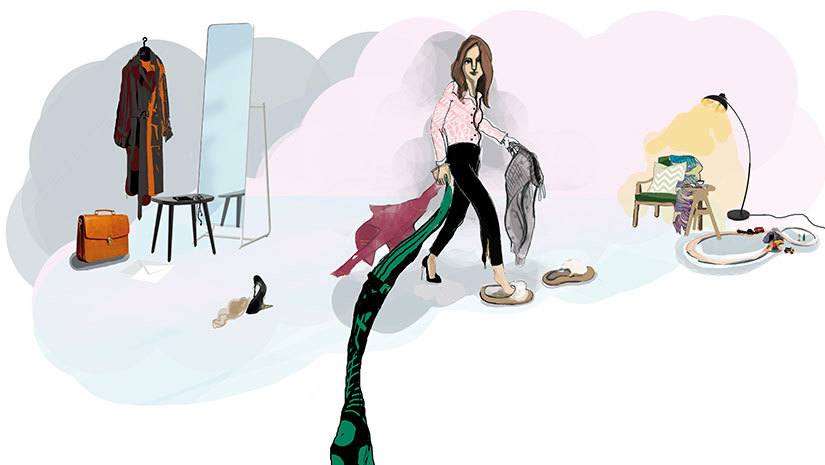 Illustration av att gå från yrkesroll till "hemmarollen". 