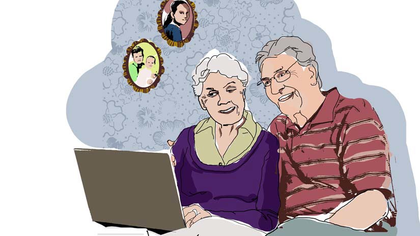 Äldre par framför datorn. 